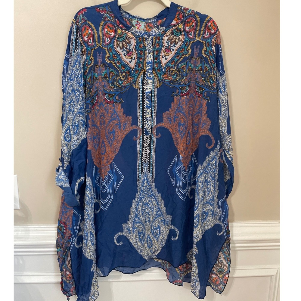 Johnny Was XXL Blue Paisley Cupra Roll Tab Longline Tunic Blouse Top